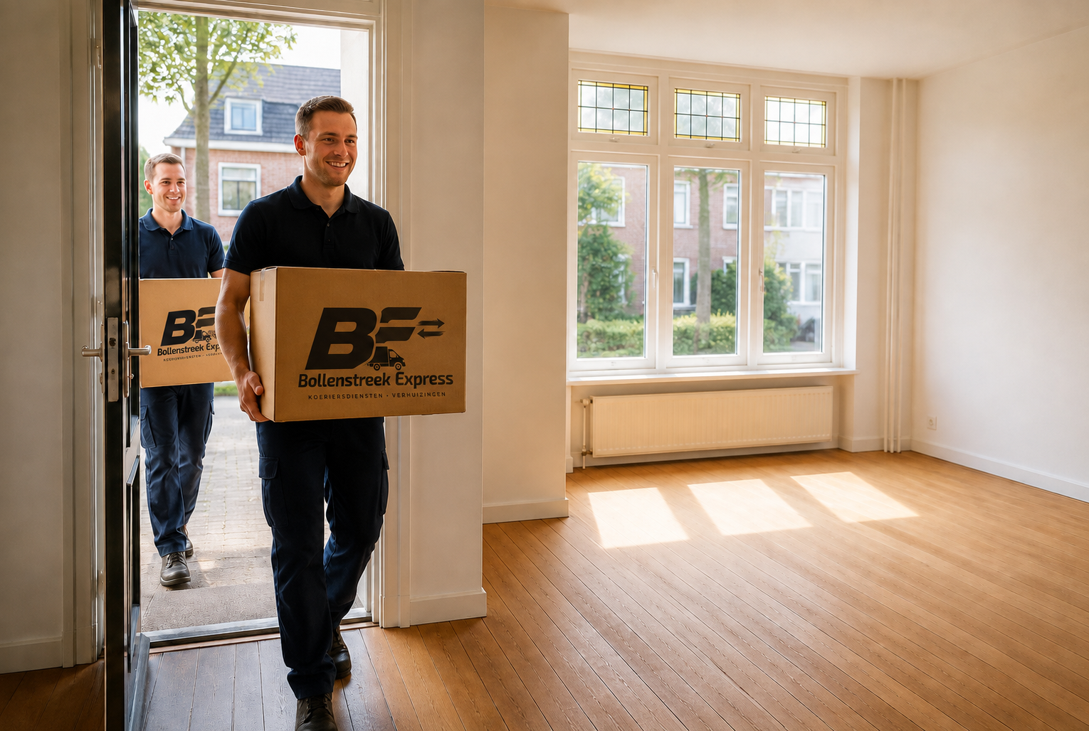 Verhuizers dragen dozen naar binnen in een nieuwe woning
